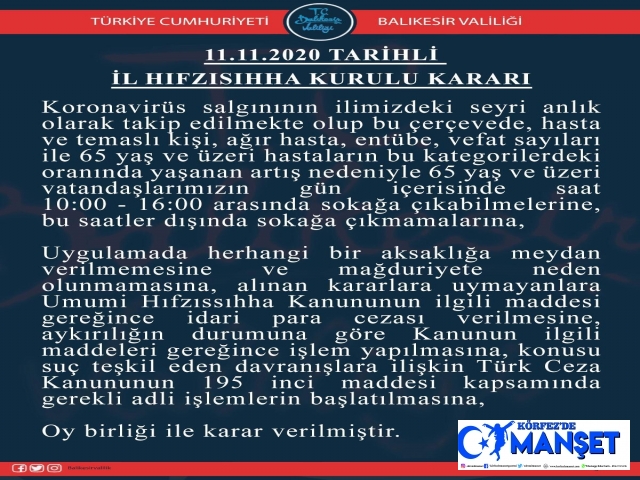 Balıkesir'de 65 yaş üstü vatandaşlar saat 10 ila 16 arası sokağa çıkabilecek